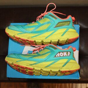 HOKA ONE ONE, CLIFTON 1,  WOMENS AQUA/NEON CORAL, SIZE 8